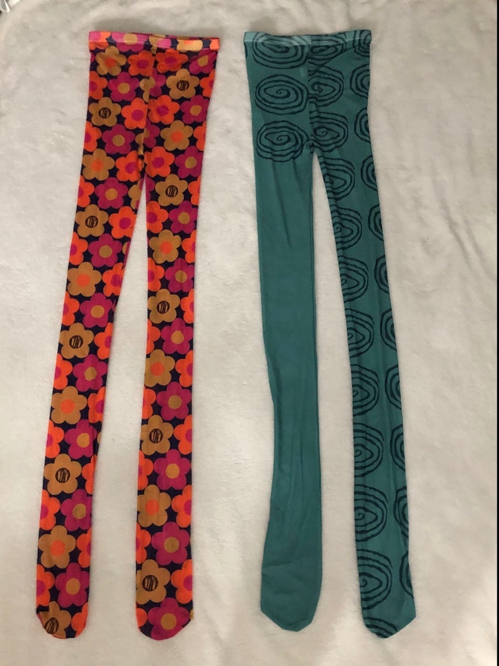 Womenβs colorful flower tights and teal spiral tights